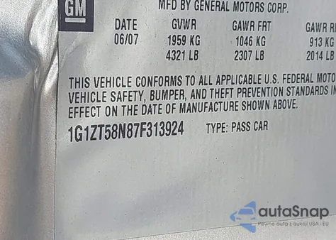 2007 Chevrolet Malibu Lt from USA, damaged, VIN 1G1ZT58N87F313924